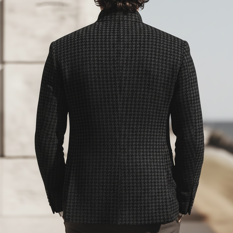 Men's Business Stand-collar Dark Gray Houndstooth Double-vented Jacket MTA0913L5U